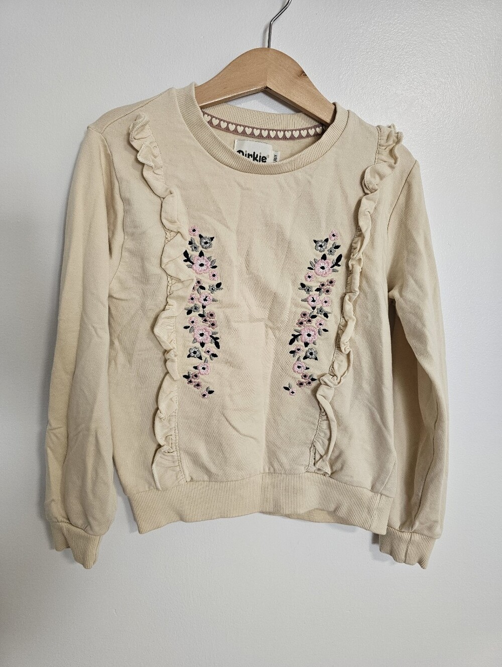 🧸2/20$ Dirkje Floral Ruffle Embroidered Sweatshirt Sweater Cream Size 6 Girl